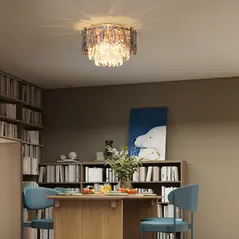 HOMCOM Chandelier Ceiling Light, 3-Light Vintage Flush Mount Fixture with Dual Crystal and Smoke Glass Shade, LED Ceiling Light for Living Room Bedroom, 3 E14 Sockets, Bulbs Not Included, Gold Tone - 7