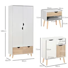 HOMCOM Bedroom Furniture Set, Wardrobe with Hanging Rail, Bedside Table, Floor Cabinet with Storage, Nature Wood Finish and White - 3