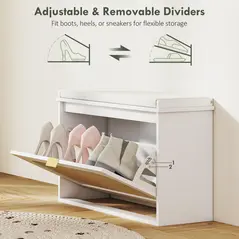 HOMCOM Boho Shoe Bench with Padded Seat and Flip-Drawer - White - 7