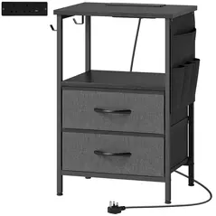 HOMCOM Bedside Table with Charging Station - Black - 1