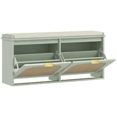 HOMCOM Boho Shoe Bench with Padded Seat and 2 Flip-Drawers - Light Green - 1