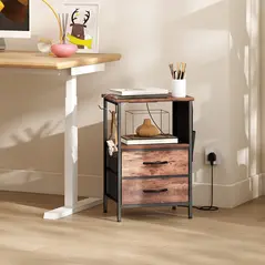HOMCOM Bedside Table with Charging Station - Rustic Brown - 9