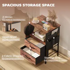 HOMCOM Bedside Table with Charging Station - Rustic Brown - 6