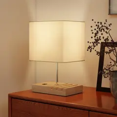 HOMCOM Bedside Lamp with USB A+C Charging Ports and 3 Phone Stands, Modern Table Lamp with Solid Wood Base and Fabric Shade for Bedroom Living Room Office, E27 Socket, Bulb Not Included, White - 7