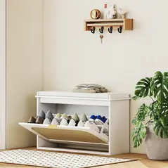 HOMCOM Boho Shoe Bench with Padded Seat and Flip-Drawer - White - 2