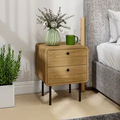 HOMCOM Bedside Table with 2 Drawers and Steel Legs - Oak - 7