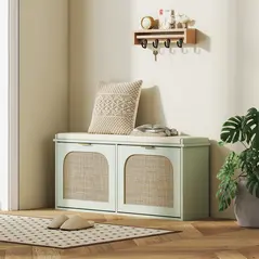 HOMCOM Boho Shoe Bench with Padded Seat and 2 Flip-Drawers - Light Green - 8