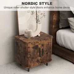 HOMCOM Bedside Table, Nordic Side Table with Roller Shutter Style Sliding Doors and Metal Legs for Bedroom, Living Room, Rustic Brown - 4