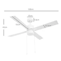 HOMCOM Ceiling Fan with LED Light, Flush Mount Ceiling Fan Lights with Reversible Blades, Pull-chain, White and Natural Tone - 3
