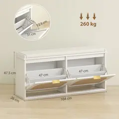 HOMCOM Boho Shoe Bench with Padded Seat and 2 Flip-Drawers - White - 3