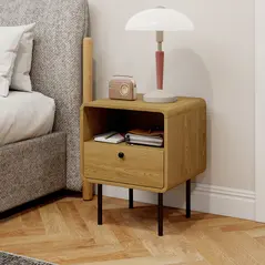 HOMCOM Bedside Table with Drawer and Open Shelf - Oak - 8