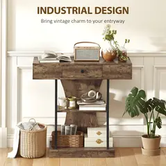 HOMCOM Console Table, 3-Tier Industrial Hallway Table with Drawer, Storage Shelves, 91 x 32 x 87 cm, Rustic Brown - 4
