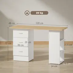 HOMCOM Computer Desk, Home Office Desk, Writing Table, PC Workstation with 3 Storage Shelves and 3 Drawers for Working, Study, 120 x 49 x 72 cm, Natural Wood Finish and White - 3