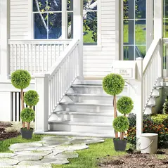 HOMCOM Decorative Artificial Trees Boxwood Ball Topiary Trees Set of 2 in Pot, Fake Plants for Home Indoor Outdoor Decor - 8