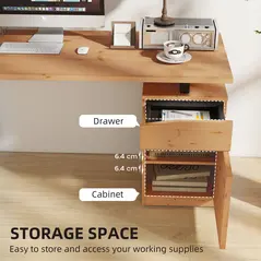 HOMCOM Computer Desk, Writing Desk with Cabinet, Drawer, Metal Legs, Work Table for Home Office Study, Natural Wood Finish - 5