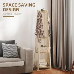 HOMCOM Compact Freestanding Coat Rack -  White/Oak - 5