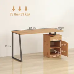 HOMCOM Computer Desk, Writing Desk with Cabinet, Drawer, Metal Legs, Work Table for Home Office Study, Natural Wood Finish - 3