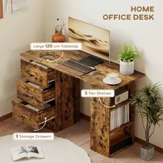 HOMCOM Computer Desk, Home Office Desk, Writing Table, PC Workstation with 3 Storage Shelves and 3 Drawers for Working, Study, 120 x 49 x 72 cm, Rustic Brown - 4