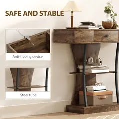 HOMCOM Console Table, 3-Tier Industrial Hallway Table with Drawer, Storage Shelves, 91 x 32 x 87 cm, Rustic Brown - 6