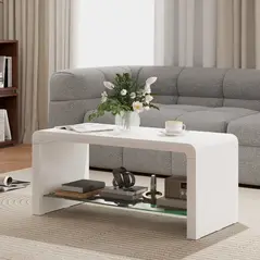 HOMCOM Curved Two-Tier Coffee Table - High Gloss White - 2