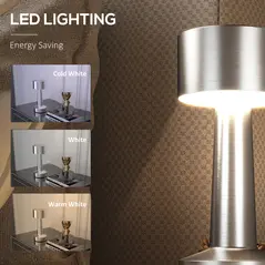 HOMCOM Cordless Table Lamp, Touch LED Desk Lamp with Rechargeable Battery, 3 Colour, for Bedroom Living Room, Silver - 5