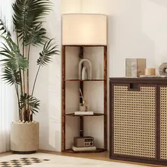 HOMCOM Corner Floor Light, with Shelves - Wood-Effect - 2