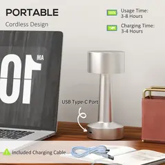 HOMCOM Cordless Table Lamp, Touch LED Desk Lamp with Rechargeable Battery, 3 Colour, for Bedroom Living Room, Silver - 4