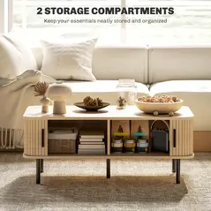 HOMCOM Coffee Table with Storage, Living Room Table with Slatted Tambour Sliding Doors and Foot Pads, Rectangular Coffee Table with Elevated Base for Living Room, Oak - 6