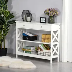 HOMCOM Console Table Side Desk w/ Shelves Drawers Open Top X Support Frame Living Room Hallway Home Office Furniture White - 2