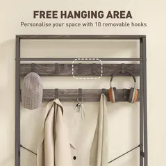 HOMCOM Coat Rack with Shoe Storage, Hall Tree, Industrial Coat Stand with Shoe Bench, 10 Removable Hooks, 2 Fabric Drawers and Clothes Rail for Entryway, Hallway, Grey - 5