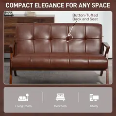 HOMCOM Compact 2 Seater Sofa, Vintage Tufted Loveseat Sofa with Solid Wood Legs, PU Leather Small Couch Settee for Living Room, Bedroom, Home Office, 133 x 81 x 78.5 cm, Brown - 5