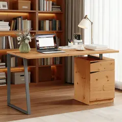 HOMCOM Computer Desk, Writing Desk with Cabinet, Drawer, Metal Legs, Work Table for Home Office Study, Natural Wood Finish - 2