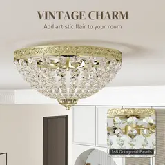 HOMCOM Crystal Chandelier Ceiling Light with 168 Octagonal Beads, Vintage 2-Light Flush Mount Ceiling Light for Living Room, Bedroom, Hallway, Dining Room, Gold Tone - 4
