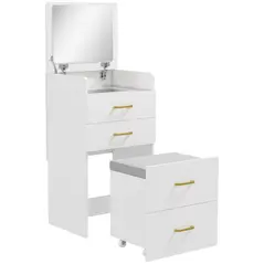 HOMCOM Compact Dressing Table and Stool Set, with Storage - White - 1