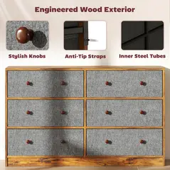 HOMCOM Chest of Drawers, Dresser with 6 Fabric Drawers - Grey and Rustic Brown - 6