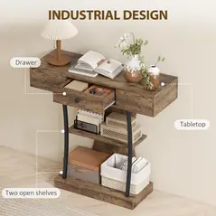 HOMCOM Console Table, 3-Tier Industrial Hallway Table with Drawer, Storage Shelves, 91 x 32 x 87 cm, Rustic Brown - 5