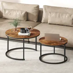 HOMCOM Coffee Table Set of 2, Round Nest of Tables with Metal Frame, Modern Side Tables for Living Room, Rustic Brown - 2