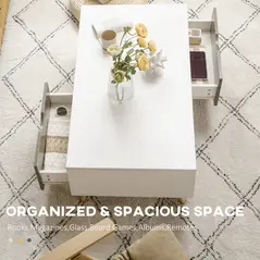 HOMCOM Coffee Table, Modern Tea Table with Open Storage Shelves, Two Drawers and Solid Wood Legs, Coffee Tables for Living Room, Bed Room, White - 5