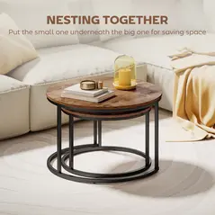 HOMCOM Coffee Table Set of 2, Round Nest of Tables with Metal Frame, Modern Side Tables for Living Room, Rustic Brown - 4