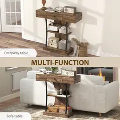 HOMCOM Console Table, 3-Tier Industrial Hallway Table with Drawer, Storage Shelves, 91 x 32 x 87 cm, Rustic Brown - 7
