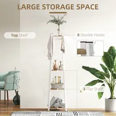 HOMCOM Compact Freestanding Coat Rack -  White/Oak - 4