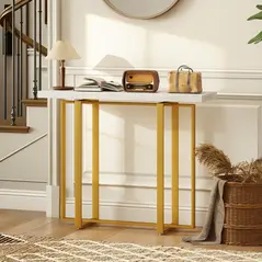 HOMCOM Console Table with Faux Marble Top, 100 cm Narrow Entryway Table with Anti-tipping Device, Steel Frame, White - 2