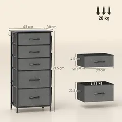 HOMCOM Chest of Five Fabric Drawers - Charcoal Grey - 3
