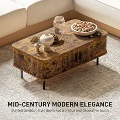 HOMCOM Coffee Table with Storage, Living Room Table with Slatted Tambour Sliding Doors and Foot Pads, Rectangular Coffee Table with Elevated Base for Living Room, Rustic Brown - 4