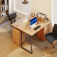 HOMCOM Computer Desk, Writing Desk with Cabinet, Drawer, Metal Legs, Work Table for Home Office Study, Natural Wood Finish - 9