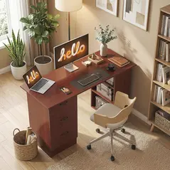 HOMCOM Computer Desk, Writing Table, PC Workstation with 3 Storage Shelves and Drawers, Handle, for Home Office, Walnut Brown - 7