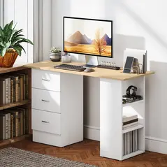HOMCOM Computer Desk, Home Office Desk, Writing Table, PC Workstation with 3 Storage Shelves and 3 Drawers for Working, Study, 120 x 49 x 72 cm, Natural Wood Finish and White - 2