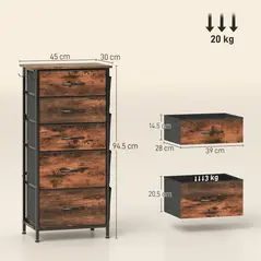 HOMCOM Chest of Five Fabric Drawers - Rustic Brown - 3