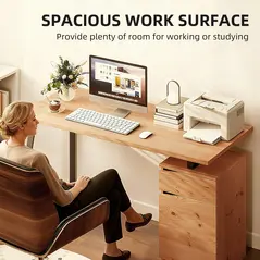 HOMCOM Computer Desk, Writing Desk with Cabinet, Drawer, Metal Legs, Work Table for Home Office Study, Natural Wood Finish - 4