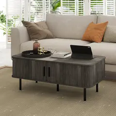 HOMCOM Coffee Table with Storage, Living Room Table with Slatted Tambour Sliding Doors and Foot Pads, Rectangular Coffee Table with Elevated Base for Living Room, Grey Wood-Effect - 8